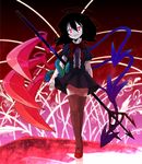  asymmetrical_wings bad_id bad_pixiv_id black_hair black_legwear bow bowtie dress highres houjuu_nue numako polearm red_eyes sharp_teeth snake solo teeth thighhighs touhou trident weapon wings zettai_ryouiki 