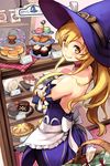  apron backless_outfit basket belt blonde_hair bow bread breasts cake choker cleavage comet_(teamon) cupcake detached_sleeves food hat long_hair lowres medium_breasts pie ribbon smile solo sword_girls tiered_tray witch witch_hat yellow_eyes 