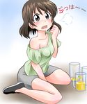  alcohol beer beer_mug between_legs black_eyes blush breasts breath brown_hair casual cleavage cup drunk hand_between_legs highres mug no_socks off_shoulder rokushaku_neko saitou_aiko shinryaku!_ikamusume short_hair sitting skirt small_breasts solo wariza 