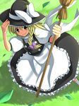  blonde_hair bow braid broom dress dutch_angle from_above glass hair_bow hair_ribbon hand_on_headwear hat kirisame_marisa leaf long_hair ribbon socks solo touhou witch_hat yui_tooru 