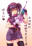  belt black_legwear drill_hair e20 fingerless_gloves gloves hat highres malariya nurse nurse_cap original purple_eyes purple_hair quiz_magic_academy syringe thighhighs twin_drills twintails 