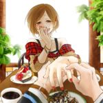  bracelet brown_eyes brown_hair cup daico fingernails hair_ornament hairclip hands highres jewelry looking_at_viewer meiko nail_polish open_mouth pov proposal putting_on_jewelry ring short_hair smile solo_focus tea tears vocaloid 