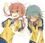  blue_hair blush closed_eyes green_eyes hair_pull inazuma_eleven_(series) inazuma_eleven_go kariya_masaki kirino_ranmaru kurodeko multiple_boys open_mouth pink_hair twintails 