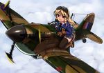  aircraft airplane blazer braid cloud copyright_request day flying goggles goggles_on_head jacket military motion_blur necktie propeller riding school_uniform solo spitfire_(airplane) thighhighs tokihama_jirou twin_braids world_war_ii zettai_ryouiki 