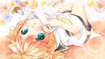  aqua_eyes barefoot blonde_hair blush eighth_note flower full_body hachimitsu_(127032) headphones kagamine_len lying male_focus musical_note on_back open_mouth paper quarter_note sheet_music solo treble_clef upside-down vocaloid 