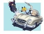  2girls :&gt; ahoge aona_(kuuga19yuu) artoria_pendragon_(all) bad_id bad_pixiv_id blonde_hair car caster_(fate/zero) chibi crash fate/zero fate_(series) formal ground_vehicle irisviel_von_einzbern left-hand_drive long_hair mercedes_benz_300sl motor_vehicle multiple_girls pant_suit parody saber suit white_hair 