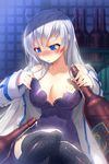  adjusting_clothes alcohol areola_slip areolae bare_shoulders blue_eyes blush bottle breasts bungurly cleavage dress drunk evening_gown grey_hair large_breasts long_hair lowres messy_hair open_clothes open_shirt shirt sigma_(sword_girls) solo sword_girls thighhighs uniform zettai_ryouiki 