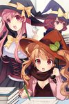 :o artist_request bangs blunt_bangs book bow breasts cape cleavage corded_phone corset dalraeya frills hat leaf lowres medium_breasts multiple_girls nytitch open_mouth paper pencil phone pink_eyes pink_hair ribbon scarf short_hair sitting skirt sword_girls talking_on_phone twintails witch witch_hat 