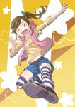  ;d belt blurry brown_eyes brown_hair depth_of_field foreshortening futami_mami hood hooded_jacket idolmaster idolmaster_(classic) jacket kicking midriff mofu navel one_eye_closed open_mouth outstretched_arm shorts side_ponytail smile solo striped striped_legwear thighhighs 