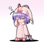  :&gt; blue_hair character_doll chibi dress food fruit hat hat_ribbon hinanawi_tenshi nagae_iku nightgown one_eye_closed peach pink_dress pout purple_hair red_eyes ribbon rubbing_eyes shirt skirt sleepy slippers solo touhou yoshi_tama 