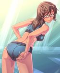  1girl adjusting_clothes adjusting_swimsuit ass bikini brown_eyes brown_hair e20 glasses highres houzumi_satsuki original short_hair solo sports_bikini swimsuit tan 