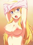  :o armpits arms_up ben-tou blonde_hair blue_eyes breasts glasses large_breasts long_hair nipples open_mouth semi-rimless_eyewear shaga_ayame solo tachimi_(basue) topless under-rim_eyewear undressing white-framed_eyewear 