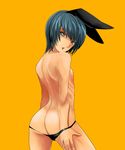  animal_ears ass bad_id bad_pixiv_id blue_eyes blue_hair bunny_ears flat_chest from_behind gennama looking_back nipples open_mouth original short_hair simple_background solo underwear undressing yellow_background 