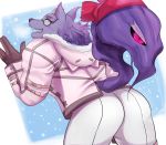  2019 bathym butt butt_pose canine clothing demon eyewear fur glasses gloves hoodie horn kuhi_0301 male mammal purple_fur scarf snow solo tight_clothing tokyo_afterschool_summoners video_games wolf 