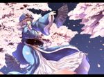  blue_dress blue_sky breasts cherry_blossoms dress dual_wielding fan hat holding huge_breasts japanese_clothes kimono letterboxed outstretched_arm petals pink_eyes pink_hair saigyouji_yuyuko sash sky solo tobisawa touhou tree wallpaper 