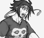  bb_(baalbuddy) black_hair contemporary domon_kasshu g_gundam greyscale gundam headband male_focus misfits monochrome shirt skull solo t-shirt upper_body 