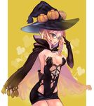  adjusting_eyewear blonde_hair braid cape elbow_gloves food_themed_hair_ornament glasses gloves hair_ornament halloween hat looking_at_viewer no_pants okishiji_en original panties pumpkin pumpkin_hair_ornament red_eyes side_braid solo underwear witch witch_hat yellow_background 