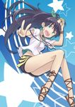  :d animal ankle_lace-up antenna_hair aqua_eyes black_hair blush bracelet cross-laced_footwear cross-laced_sandals earrings ganaha_hibiki hamster hamuzou hoop_earrings idolmaster idolmaster_(classic) jewelry legs long_hair long_legs midriff mofu necklace open_mouth ponytail sandals shirt shorts smile solo star tank_top thighs v wind wind_lift 