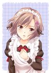  apron blush boku_wa_tomodachi_ga_sukunai bow brown_eyes brown_hair flower hair_flower hair_ornament hair_ribbon hand_on_own_chest kulalix kusunoki_yukimura maid maid_headdress open_mouth ribbon short_hair solo 