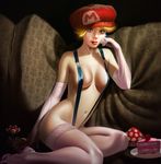  andrew_hibner blonde_hair blue_eyes cake earrings elbow_gloves fire_flower food gloves hat highres jewelry lips mario_(series) md5_mismatch mushroom naked_suspenders no_bra princess_peach realistic revealing_clothes sandals short_hair single_letter sitting solo super_mario_bros. super_mushroom suspenders thighhighs 
