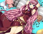  armpits blue_eyes breasts covered_nipples hair_ornament jewelry large_breasts long_hair lying megurine_luka musical_note navel pillow solo stuffed_animal stuffed_toy very_long_hair vocaloid yui_tooru 