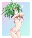  1girl bra breasts duel_monster green_eyes green_hair korican lingerie navel panties pink_bra pink_panties shirt_lift solo underboob underwear undressing wynn wynnda,_miko_of_the_gusta wynnda_miko_of_the_gusta yu-gi-oh! 