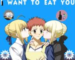  2girls apron artoria_pendragon_(all) biting blonde_hair blush dual_persona ear_biting emiya_shirou english fate/stay_night fate_(series) green_eyes hair_ribbon licking multiple_girls ponytail ribbon saber saber_alter setta_(tokinon) sweat tongue yellow_eyes 