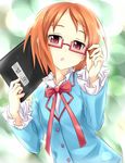  :o adjusting_eyewear aria_gakuen_school_uniform bad_id bad_pixiv_id blazer blue_shirt blurry blush book bow bowtie buttons depth_of_field embarrassed flat_chest frills glasses green_background holding jacket keikotsu looking_at_viewer open_mouth orange_hair precure red-framed_eyewear red_eyes ribbon school_uniform semi-rimless_eyewear shirabe_ako shirt short_hair solo suite_precure surprised under-rim_eyewear upper_body 