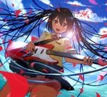  bad_id bad_pixiv_id black_hair blurry brown_eyes cloud day depth_of_field electric_guitar from_below guitar instrument k-on! kururi lens_flare long_hair nakano_azusa open_mouth petals pleated_skirt plectrum round_teeth school_uniform skirt solo sweater_vest teeth twintails 