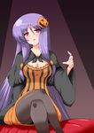  :&lt; alternate_costume breasts cleavage crossed_legs dress food_themed_hair_ornament hair_ornament halloween highres jack-o'-lantern kotepo long_hair medium_breasts pantyhose patchouli_knowledge pumpkin pumpkin_hair_ornament purple_hair red_eyes sitting solo touhou very_long_hair 