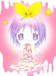  blush bow colored_pencil_(medium) commentary eyes face hair_bow hairband hiiragi_tsukasa leica lucky_star melting open_mouth parody portrait purple_hair short_hair solo sparkle star surreal traditional_media vomiting what yellow_bow yellow_hairband 