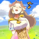  arm_behind_back breasts brown_hair closed_eyes cloud day hand_on_own_chest large_breasts long_hair malon moja_(pixiv) musical_note older open_mouth pointy_ears scarf shirt sky smile solo taut_clothes taut_shirt the_legend_of_zelda the_legend_of_zelda:_ocarina_of_time 
