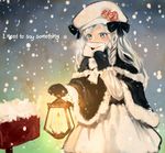  bad_id bad_pixiv_id blush bow braid buun_ko capelet covering covering_mouth english flower gloves green_eyes hair_bow hat hat_flower heart lantern letter long_hair long_sleeves love_letter mailbox_(incoming_mail) original side_braid silver_hair single_braid snow snowing solo 