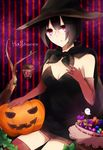  bad_id bad_pixiv_id bare_shoulders black_hair bob_cut breasts candy cape cleavage dress durarara!! elbow_gloves food glasses gloves halloween hat hinachicrm ivy jack-o'-lantern lantern large_breasts pumpkin red_eyes short_hair solo sonohara_anri strapless strapless_dress striped striped_background thighhighs witch_hat 