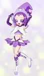  adjusting_clothes adjusting_hat boots company_connection cosplay dress earrings elbow_gloves gloves hat heartcatch_precure! jewelry midriff navel ojamajo_doremi parody precure purple_eyes purple_hair sakurajima1go segawa_onpu short_hair smile solo touei witch_hat 