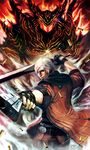  belt blue_eyes dante_(devil_may_cry) devil_may_cry devil_trigger dual_persona ebony_&amp;_ivory fingerless_gloves gloves gun handgun longai male_focus rebellion_(sword) sword weapon white_hair 