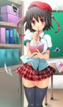  1girl alternate_costume alternate_headwear black_hair black_thighhighs blush checkered_clothes checkered_skirt commentary_request gundam looking_at_viewer midriff notebook open_mouth pen photo_(object) photoshop_(medium) red_eyes rx-78-2 school_uniform sen_(astronomy) shameimaru_aya shelf shirt skirt solo thighhighs touhou zettai_ryouiki 