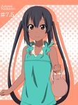  bag bare_shoulders black_hair brown_eyes casual character_name handbag ikari_manatsu k-on! long_hair nakano_azusa smile solo tan tanline twintails 