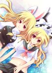  animal_ears blonde_hair braid bunny_ears dual_persona enjoy_mix hat kemonomimi_mode kirisame_marisa long_hair midriff multiple_girls navel pleated_skirt red_eyes school_uniform serafuku side_braid skirt touhou upper_body witch_hat 