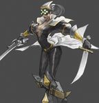  blade boots breasts dual_wielding genderswap genderswap_(mtf) highres holding league_of_legends lipstick loped makeup master_yi medium_breasts simple_background solo sword weapon 