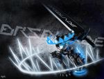  absurdres armor bad_id bad_pixiv_id black_hair black_rock_shooter black_rock_shooter_(character) black_rock_shooter_beast blue_eyes burning_eye claws detached_sleeves glowing highres huge_weapon kenneth_(qq) long_hair signature solo sword weapon 