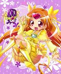  boots bow brooch bubble_skirt choker circlet cure_muse_(yellow) dodory dress earrings eyelashes fairy_tone frills full_body hair_ribbon happy heart highres image_sample jewelry karak_nishiki knee_boots long_hair magical_girl md5_mismatch orange_hair pixiv_sample precure purple_background red_eyes ribbon shirabe_ako skirt suite_precure yellow_bow 