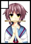  bandaid bandaid_on_hand ben-tou black_border border chopsticks circle_cut hands_together highres kita_high_school_uniform look-alike mouth_hold nagato_yuki purple_hair school_uniform scratches serafuku short_hair solo surikogi suzumiya_haruhi_no_yuuutsu yellow_eyes 