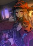  bad_id bad_pixiv_id black_legwear blue_hair blush bow brand_name_imitation bucket candle candy couch cup cupcake doritos fang food gloves halloween hat jack-o'-lantern long_hair m&amp;m's night night_sky open_mouth original pringles pumpkin red_eyes sama sitting sky snack solo star sweets tea teacup thighhighs tim_tam window witch_hat 