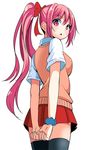  attsun_(atsushi_jb) bad_id bad_pixiv_id blush copyright_request hands looking_back open_mouth pink_eyes pink_hair ponytail skirt solo thighhighs 