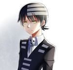  bad_id bad_pixiv_id black_hair death_the_kid formal highres kenneth_(qq) male_focus solo soul_eater striped suit yellow_eyes 