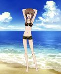  ;d absurdres amane_suzuha armpits arms_behind_head bandeau beach bikini blush braid camouflage camouflage_bikini cloud day green_eyes highres legs long_hair non-web_source ocean official_art one_eye_closed open_mouth outdoors sky smile solo steins;gate swimsuit twin_braids water 