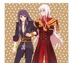  albino bad_id bad_pixiv_id black_eyes black_hair bracelet brown_background coat duke_pantarei gloves ikeyaso jewelry long_hair male_focus multiple_boys pants polka_dot polka_dot_background red_eyes tales_of_(series) tales_of_vesperia white_hair yuri_lowell 