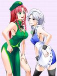  adapted_costume anger_vein bare_legs bare_shoulders black_legwear blue_eyes bow braid breasts chinese_clothes cleavage curry_man green_eyes hair_bow hong_meiling izayoi_sakuya large_breasts long_hair maid_headdress multiple_girls red_hair short_hair side_slit silver_hair sleeveless thighhighs touhou twin_braids 