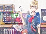  bad_id bad_pixiv_id blonde_hair blue_eyes cable earrings glasses highres instrument jewelry minimoog_voyager necktie original pomodorosa pompadour solo speaker synthesizer 